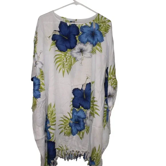 Aloha Wear Hawaiian One Size Fits Yellow Blue HIbiscus Flower Swimsuit Cover Up - Picture 1 of 6